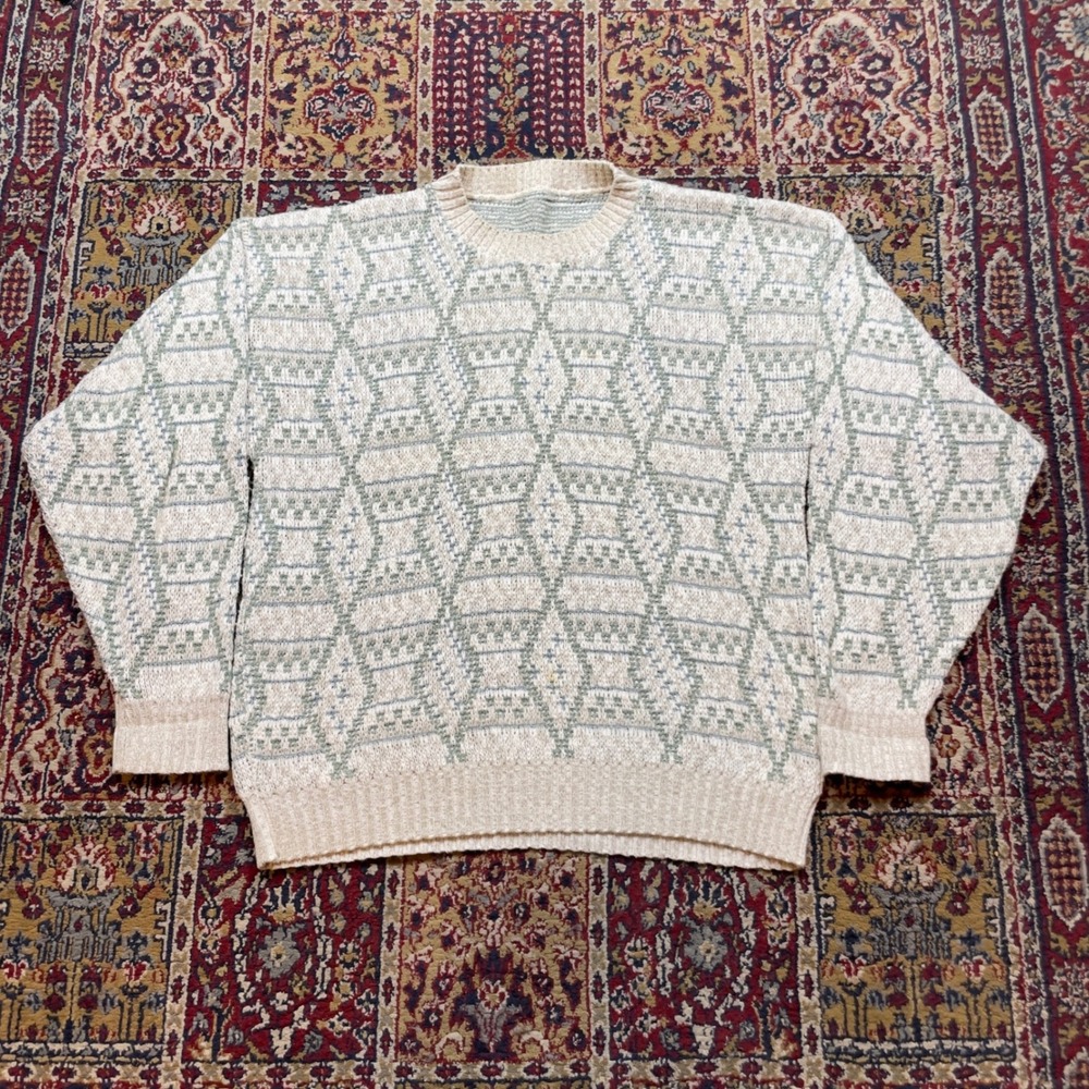 Mens Vintage Geometric argyle Pattern Crewneck Sweater Cream green L-XL Green‎